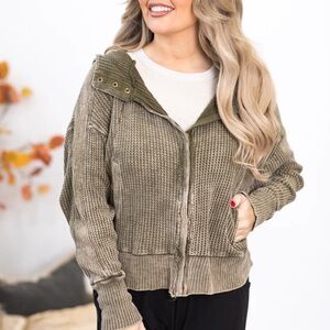 Zenana Olive Washed Waffle Knit Hooded Jacket